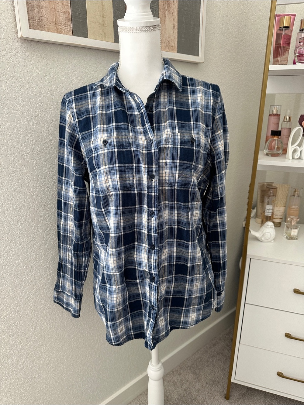 St. John's Bay Navy and White Plaid Button-Down Shirt with Gold Striping